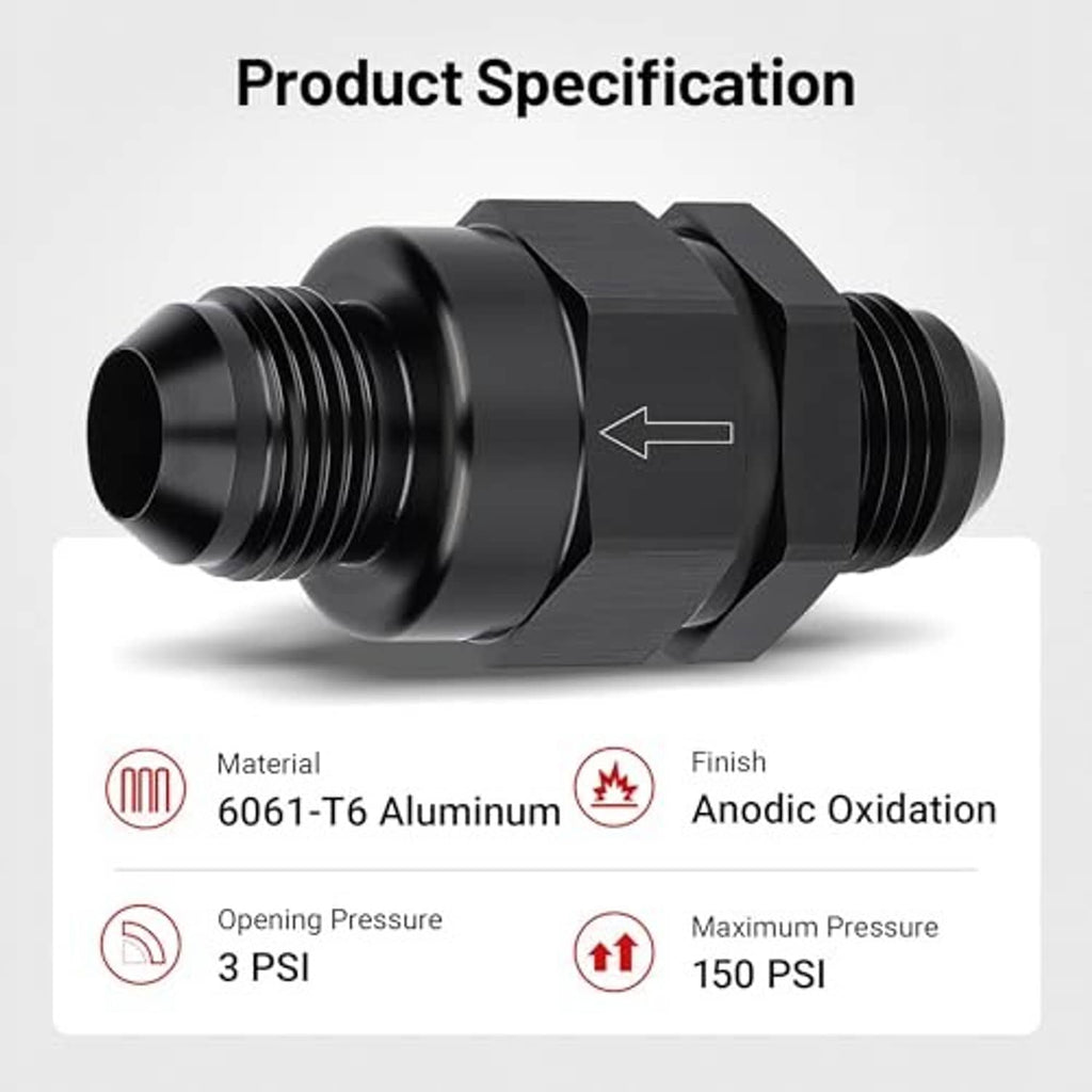 One-way check valve inline fitting in black, 10AN 7/8-14 UNF, flow arrow