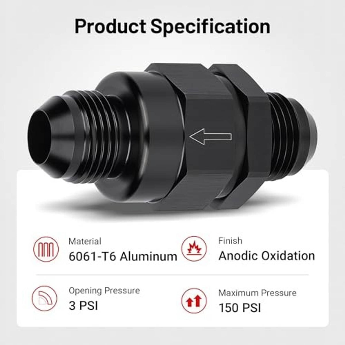 One-way check valve inline fitting in black, 10AN 7/8-14 UNF, flow arrow