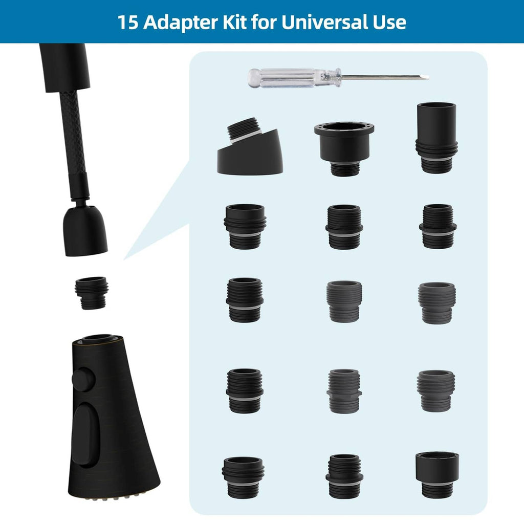 15-piece kitchen faucet adapter kit with multiple black threaded connectors and blue wrench