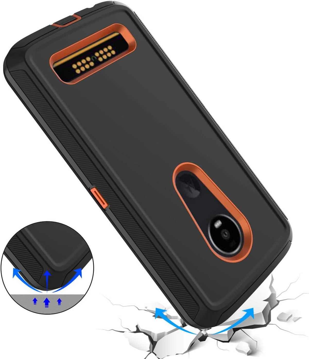Rugged black phone case with orange trim, raised edges for screen protection