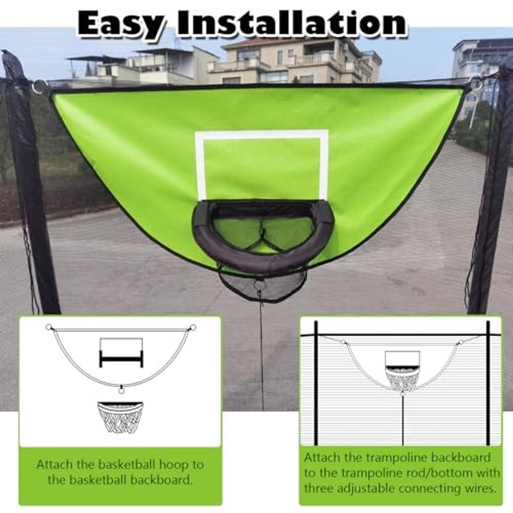 Green trampoline basketball hoop with black backboard frame and hanging net