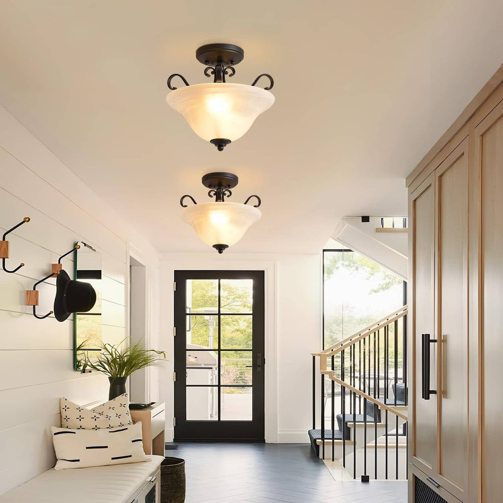 Black semi-flush ceiling light with frosted glass shade and classic ceiling-mount base