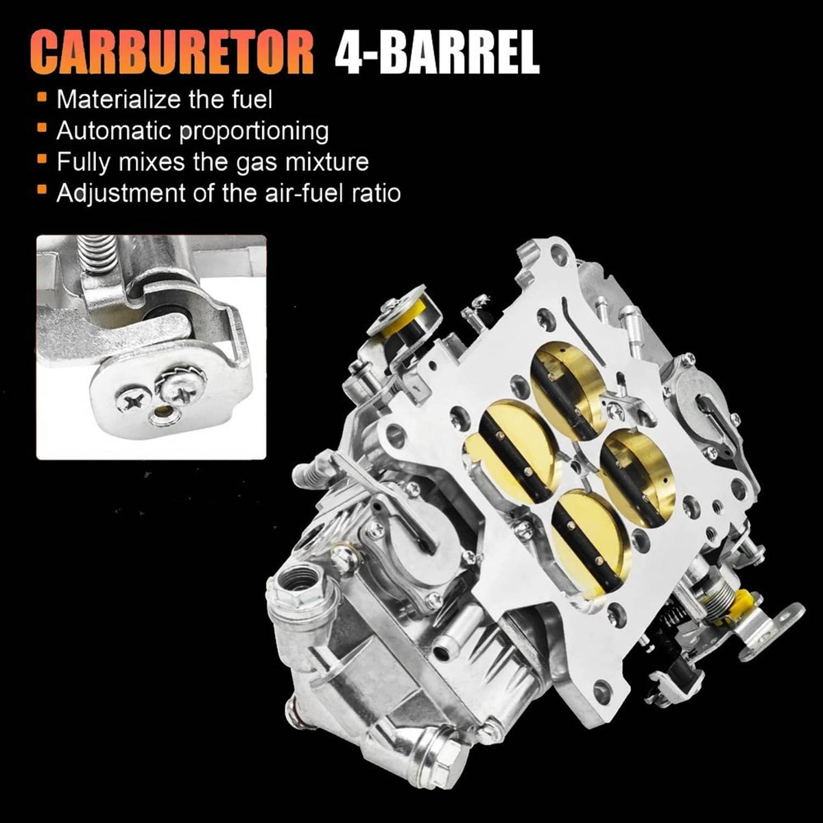 4-barrel double-pumper carburetor with gold venturi bores and inlet fitting