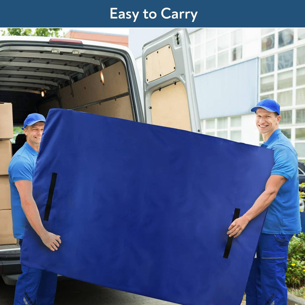 Queen-size blue mattress bag carried by two movers for transport