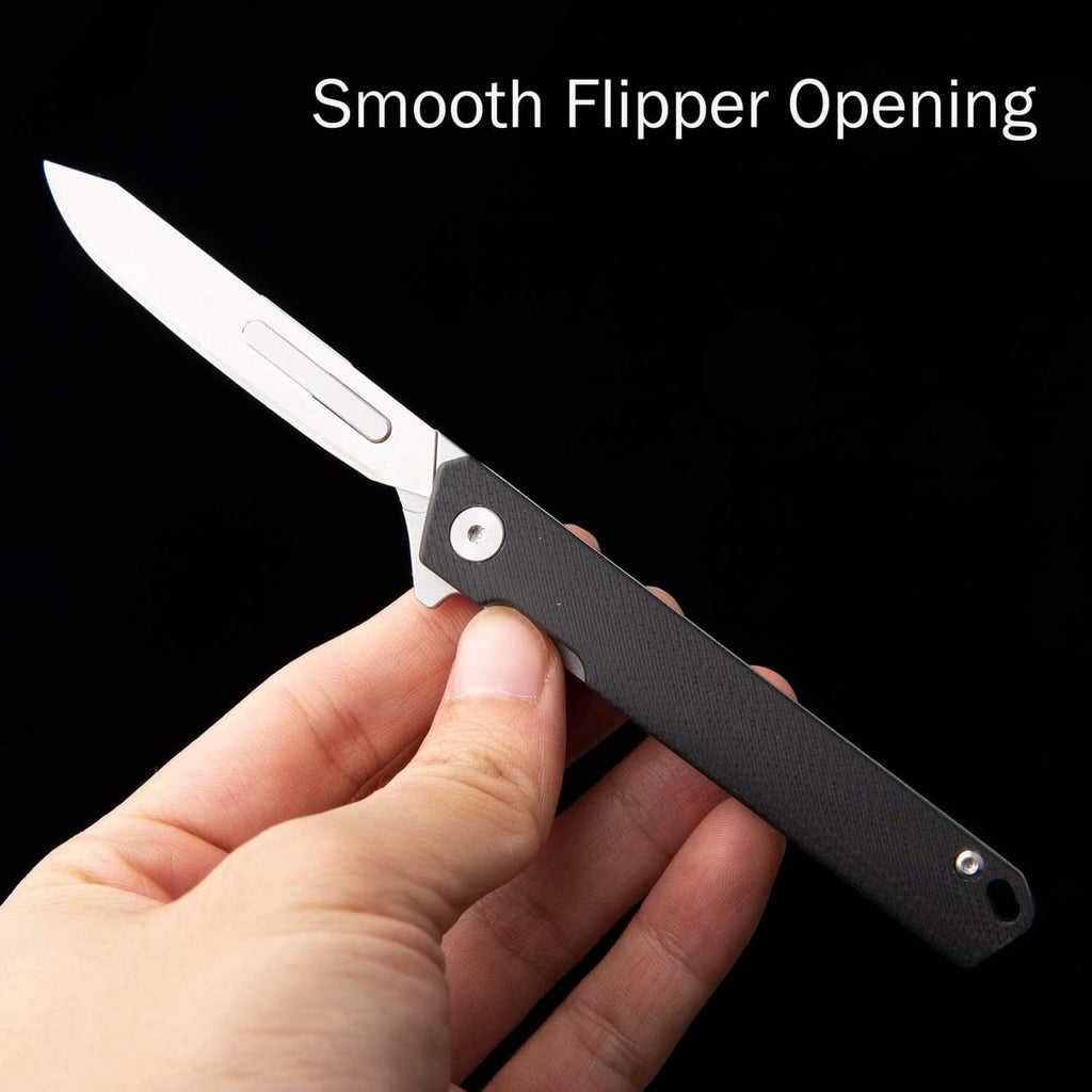 Flipper folding pocket knife with black textured handle and partially opened blade