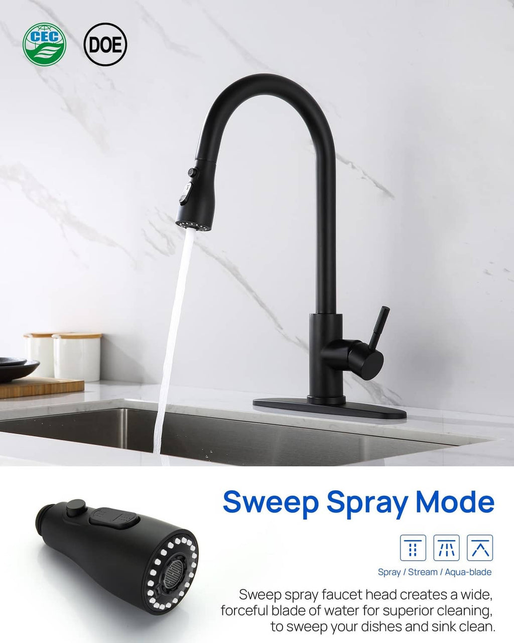 Matte black pull-down kitchen faucet sprayer head with curved neck and spray mode knob.
