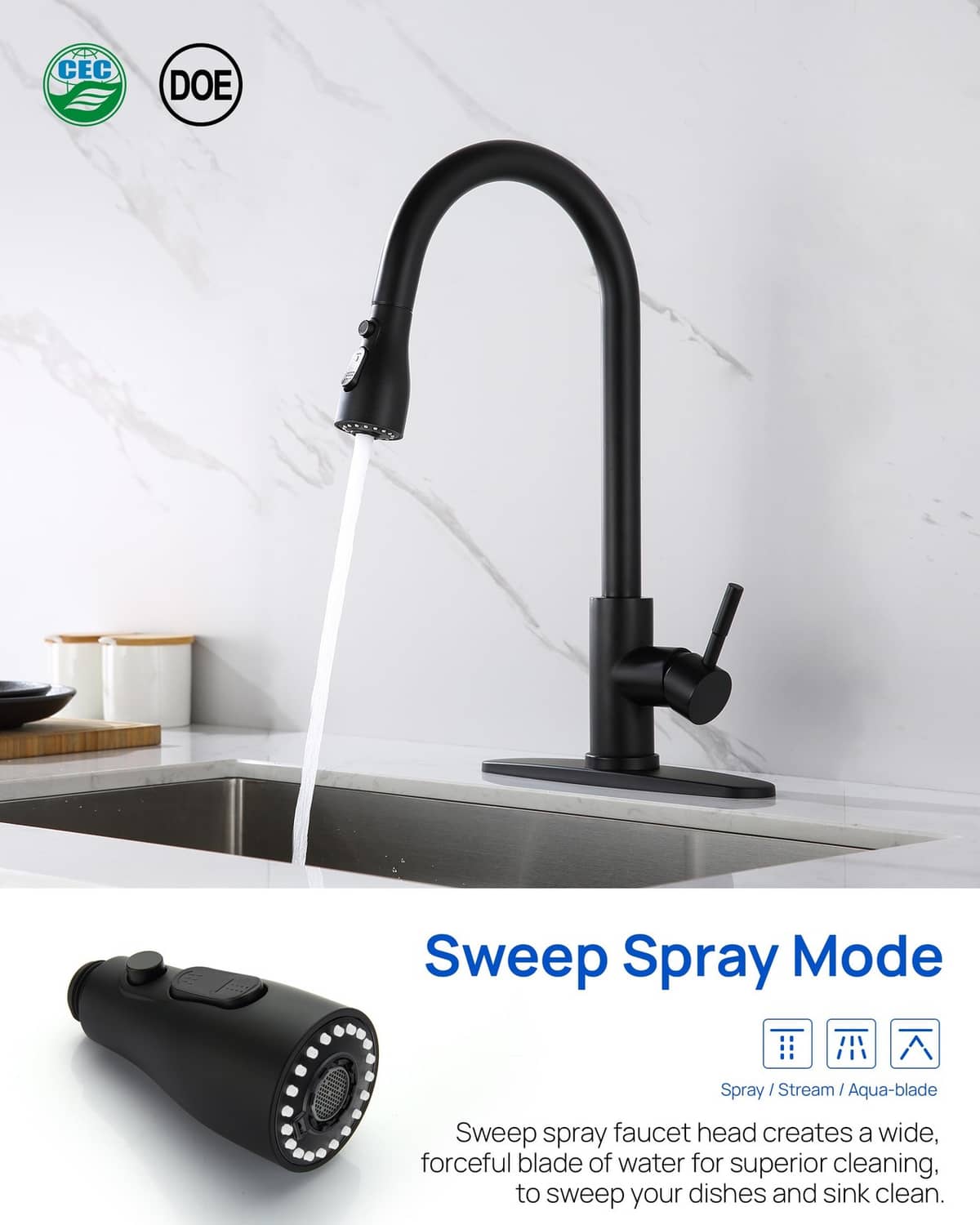 Matte black pull-down kitchen faucet sprayer head with curved neck and spray mode knob.