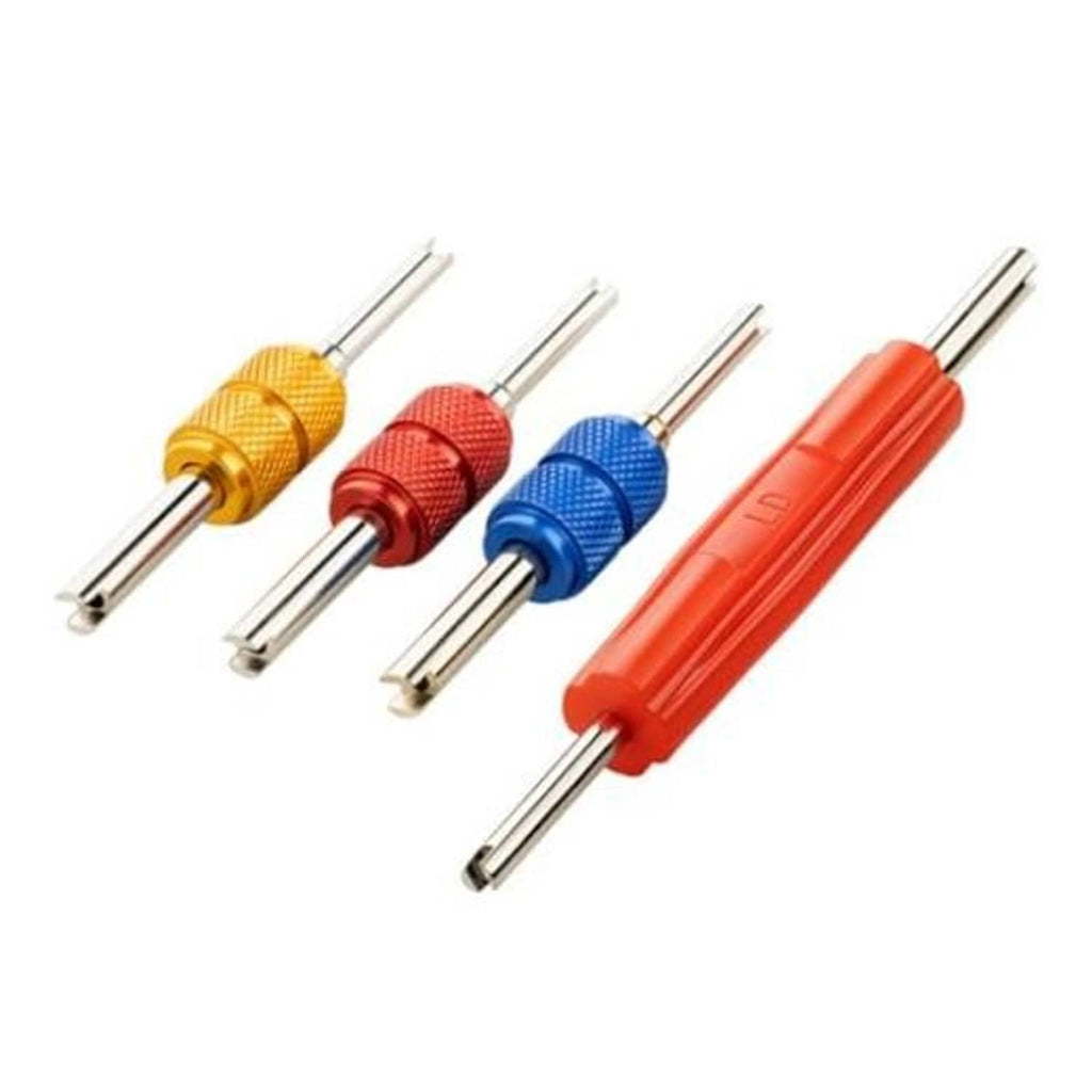 Set of four double-head valve core wrenches in yellow, red, blue, and orange