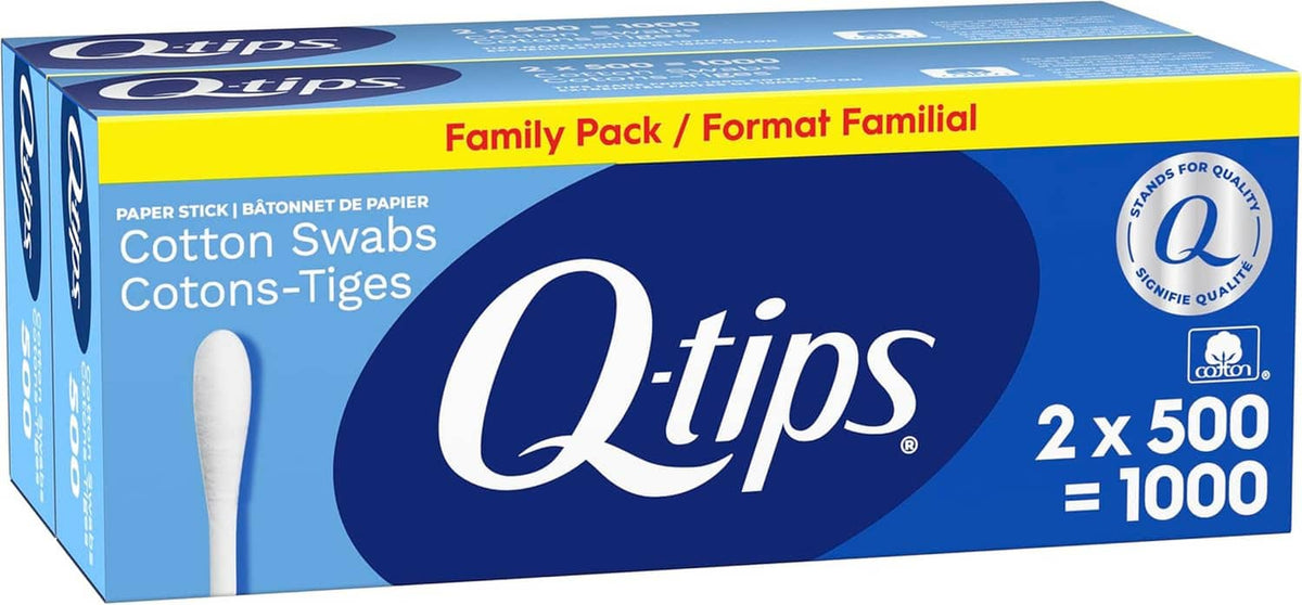 Cotton swabs family pack box, Q-tips brand, 2 x 500 count