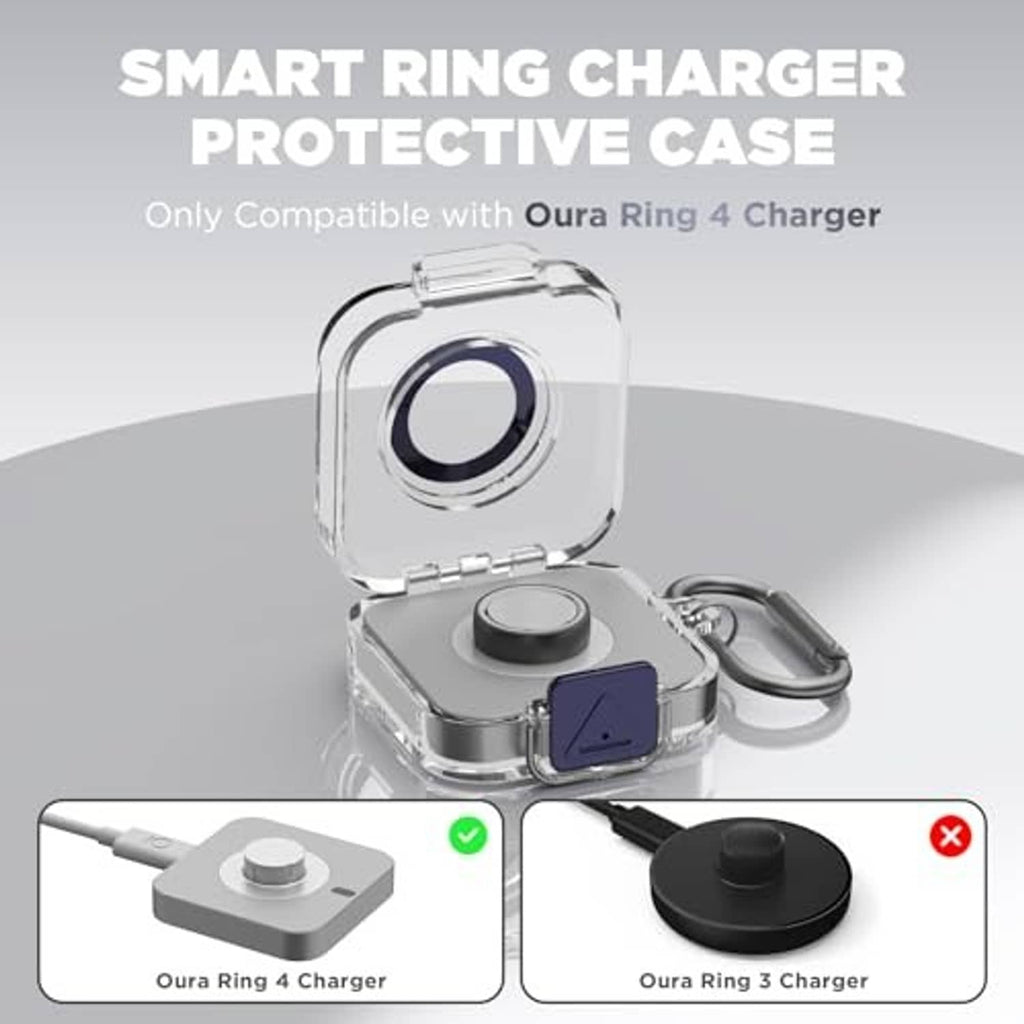 Clear ring charger protective case with gray base, blue lock tab, and metal carabiner