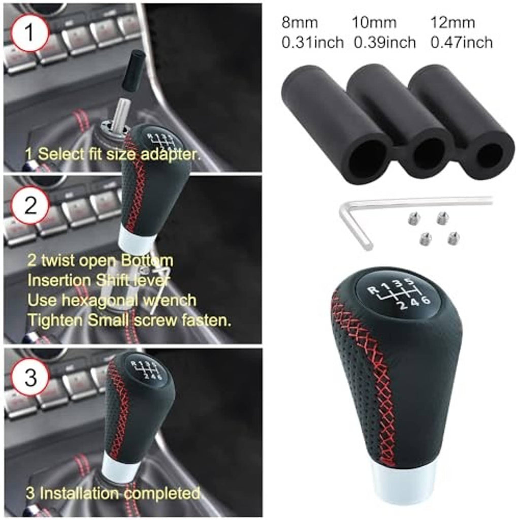 Black leather shift knob with red stitching and included adapters, screws, and hex wrench