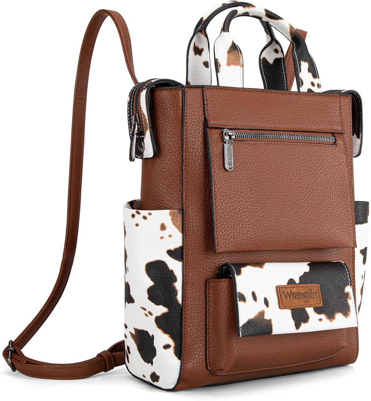 Brown cow-print vegan leather backpack purse with front zip pocket and crossbody strap