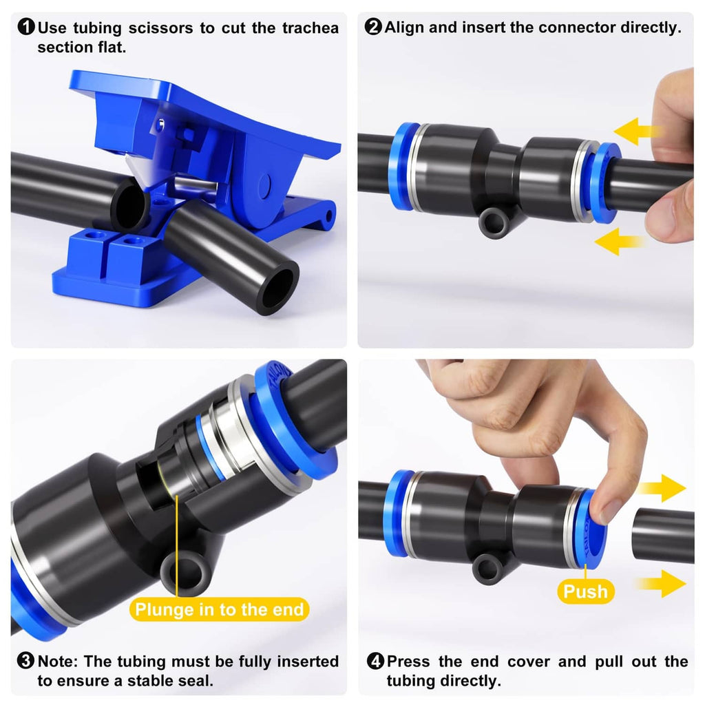 Pneumatic straight reducer fitting being installed on black tubing with blue lock rings