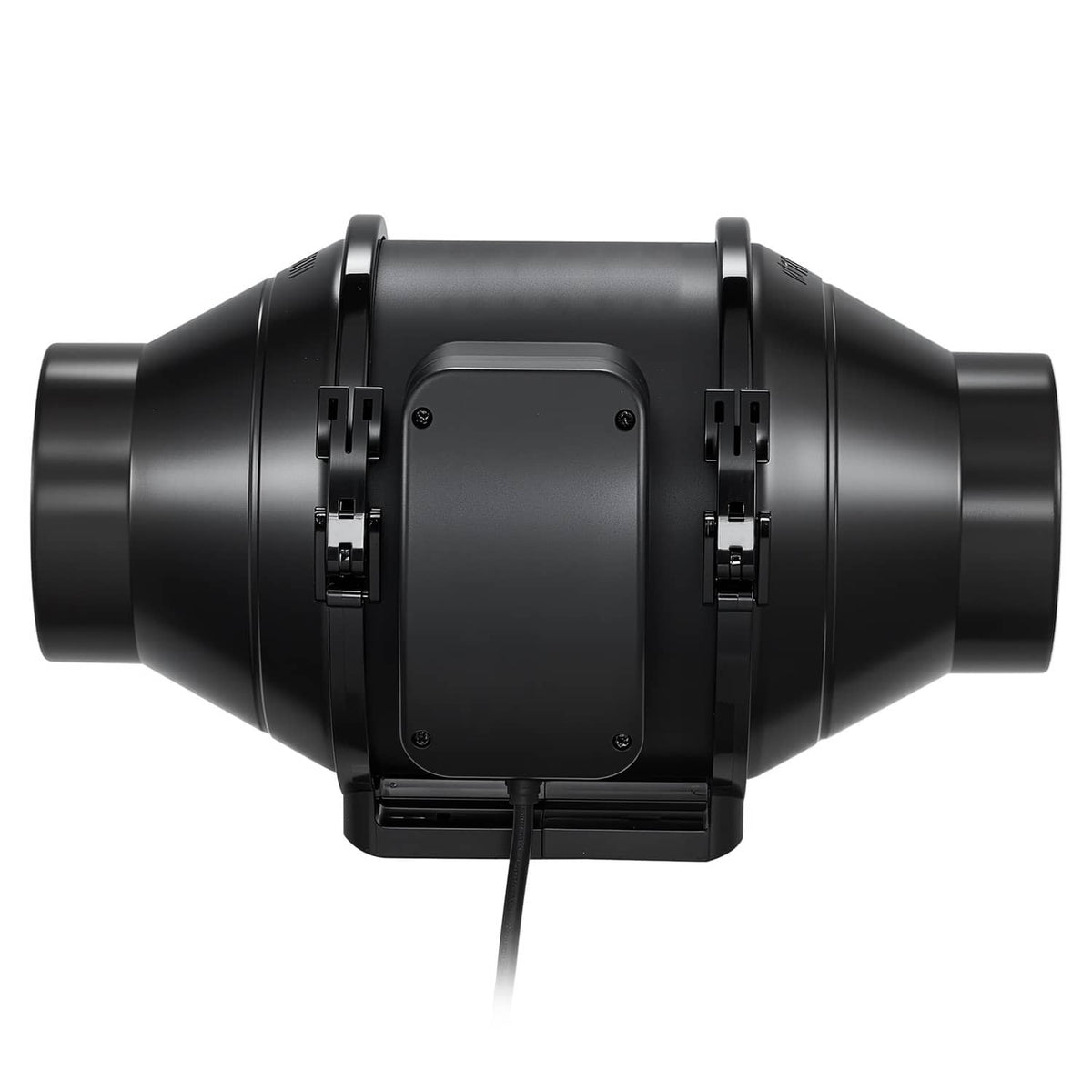 Black 4-inch inline duct fan from front view, with central service panel and clamps.