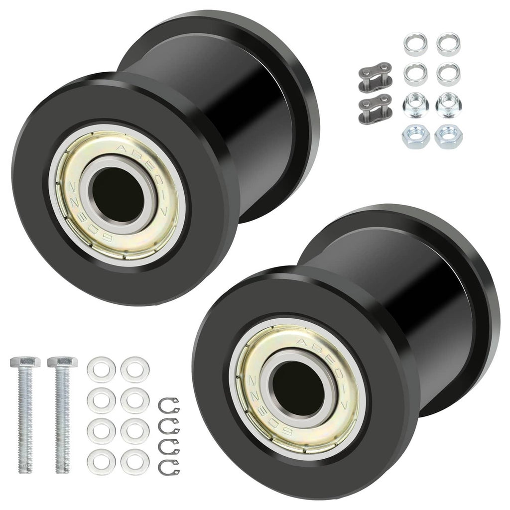 Mini bike chain tensioner roller with black housing and metal axle, two pack