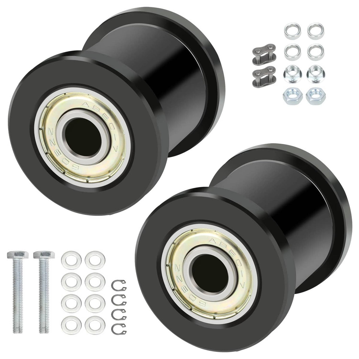 Mini bike chain tensioner roller with black housing and metal axle, two pack