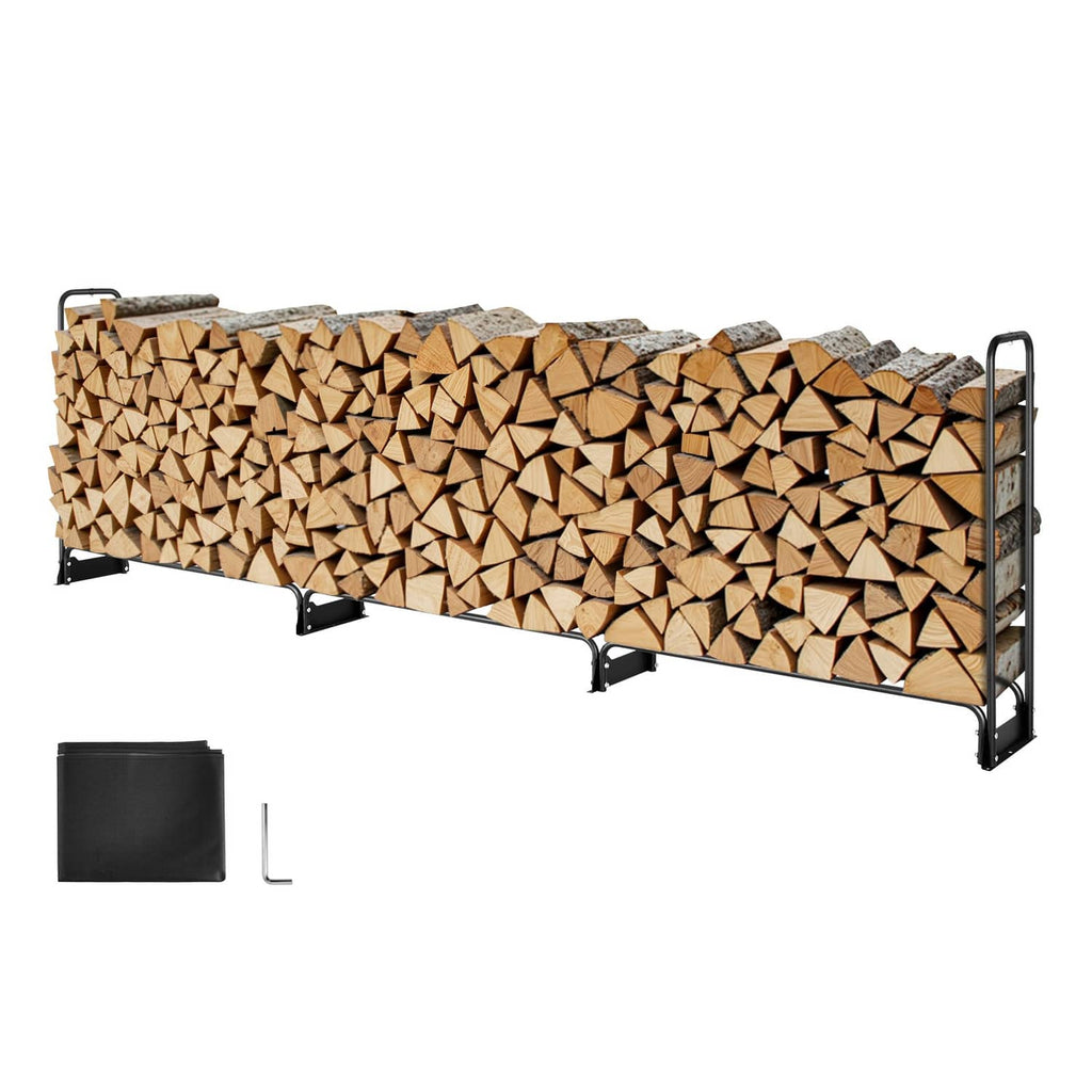 Outdoor firewood rack with black frame, fully filled with stacked split firewood