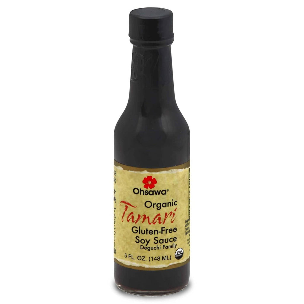 Organic gluten-free tamari soy sauce bottle, dark glass with black cap