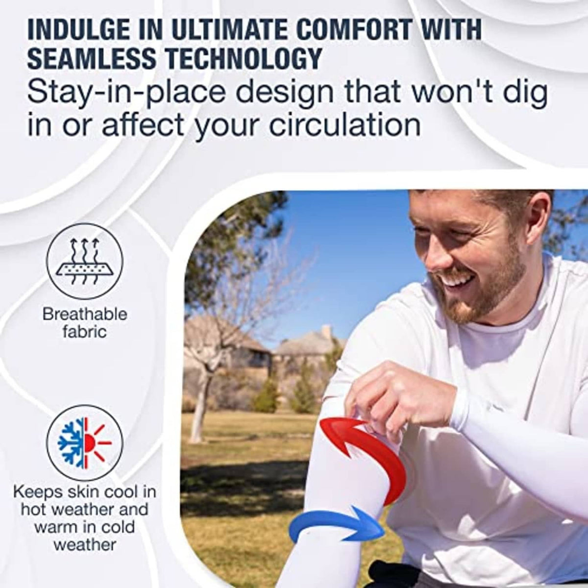 White cooling arm sleeve on forearm with breathable seamless stay-in-place design