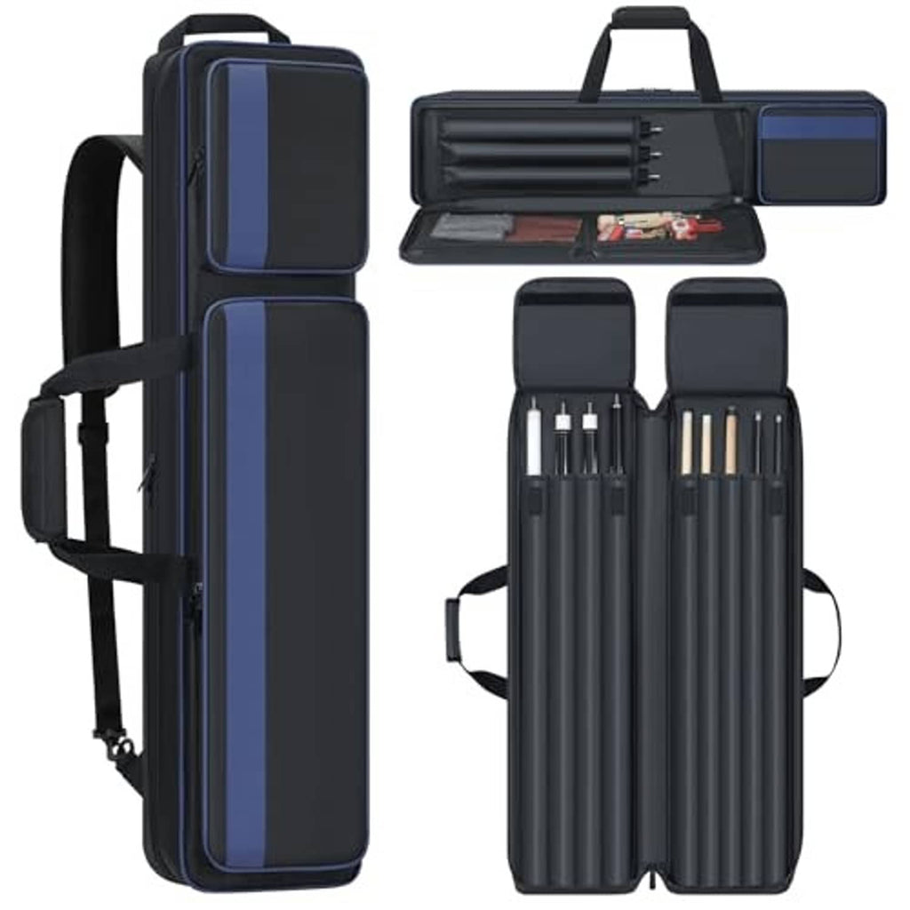 Navy-blue padded pool cue case, open interior with individual cue slots