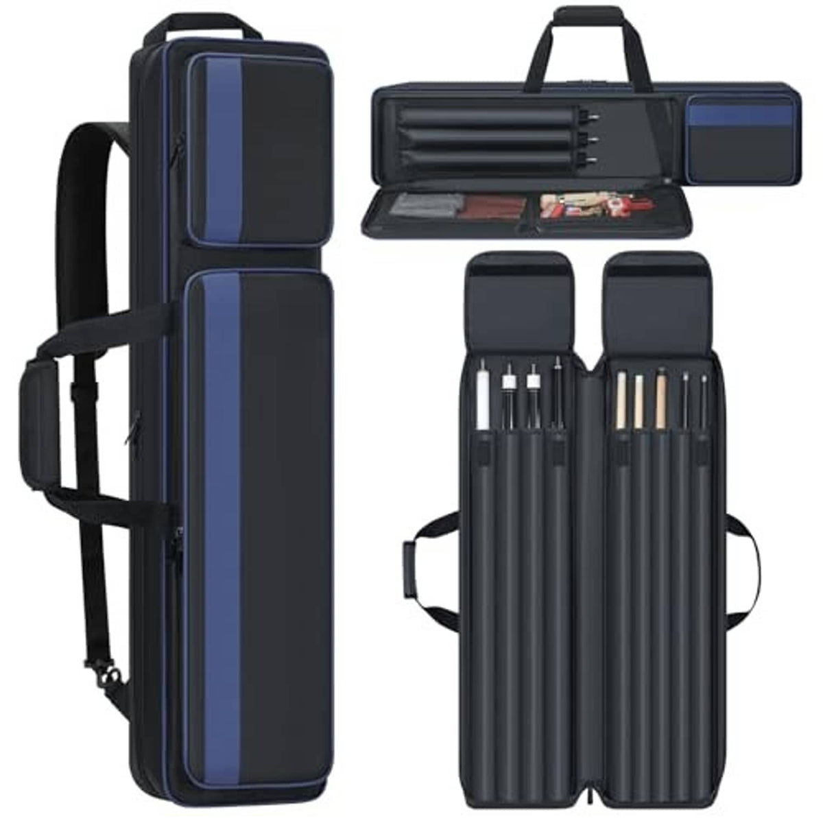 Navy-blue padded pool cue case, open interior with individual cue slots