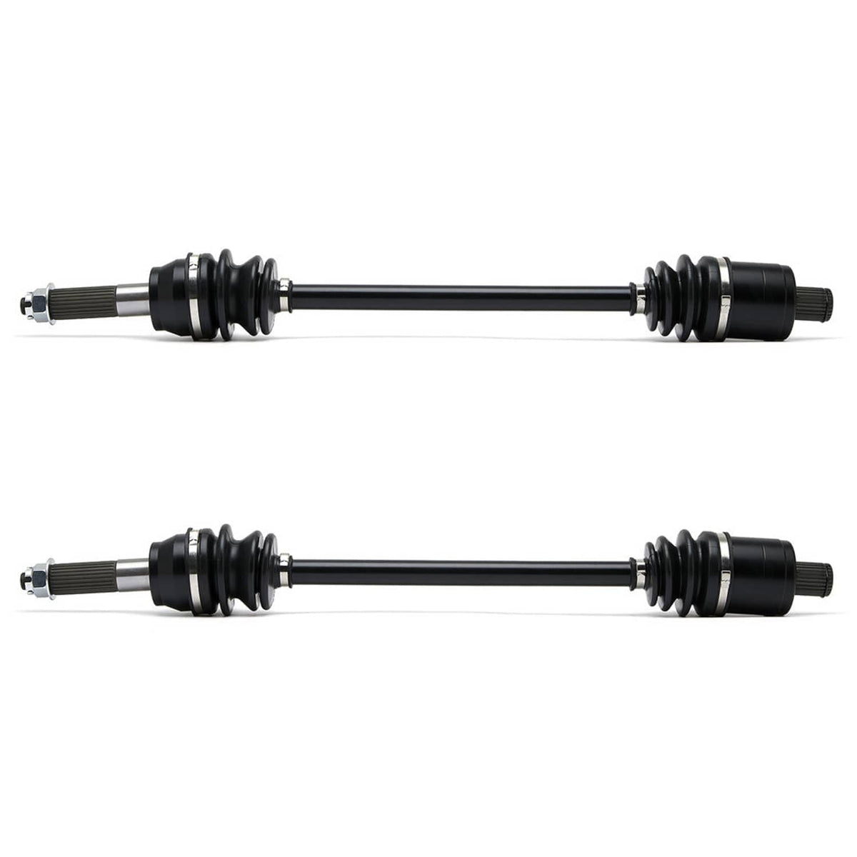 Set of two black CV axle shafts with rubber boots and splined ends