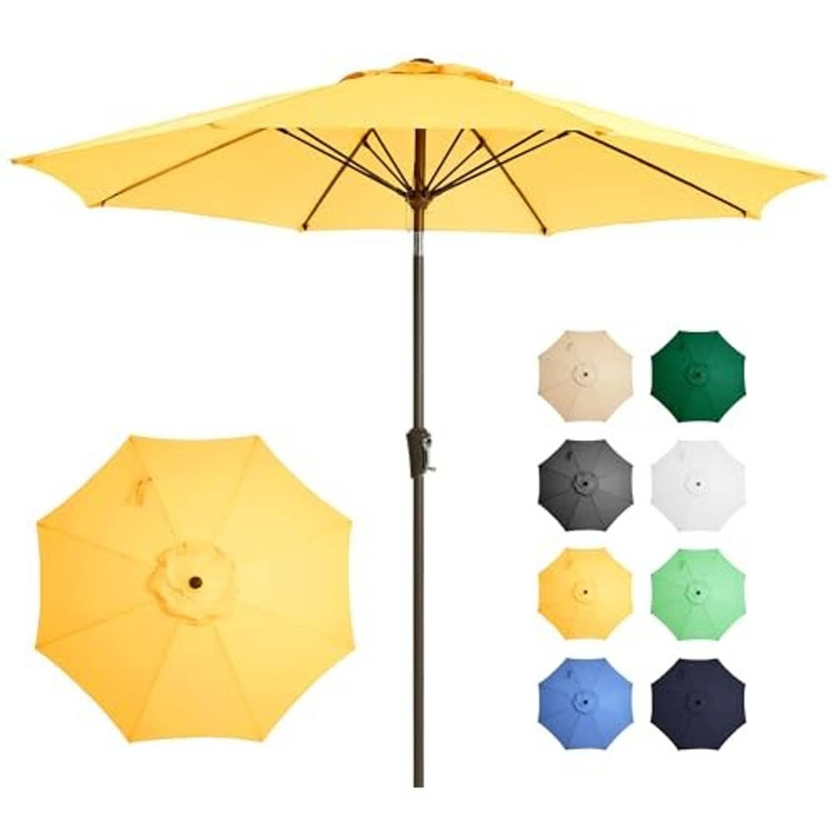 Yellow patio umbrella with open canopy and central pole; color options shown nearby