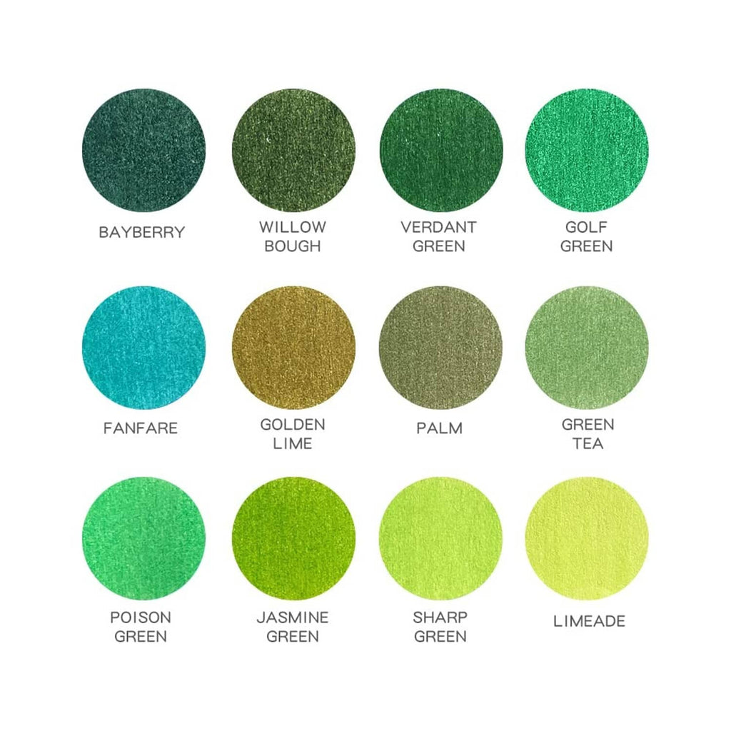 Green color swatch circles showing multiple green tones for the pencil set