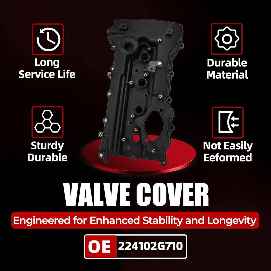 Black engine valve cover with gasket and small metal bracket, shown on stand