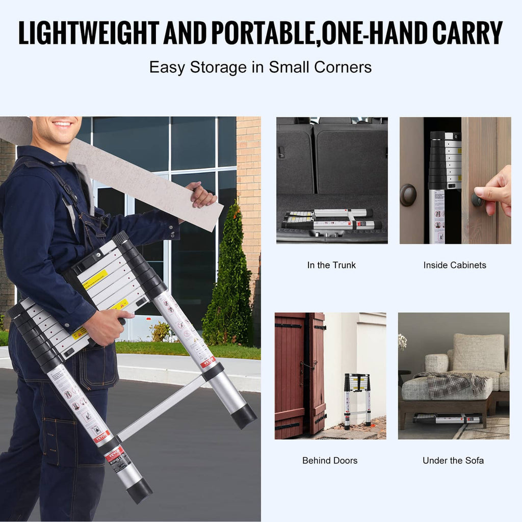 Compact folded telescoping extension ladder with black carrying handle and slim profile