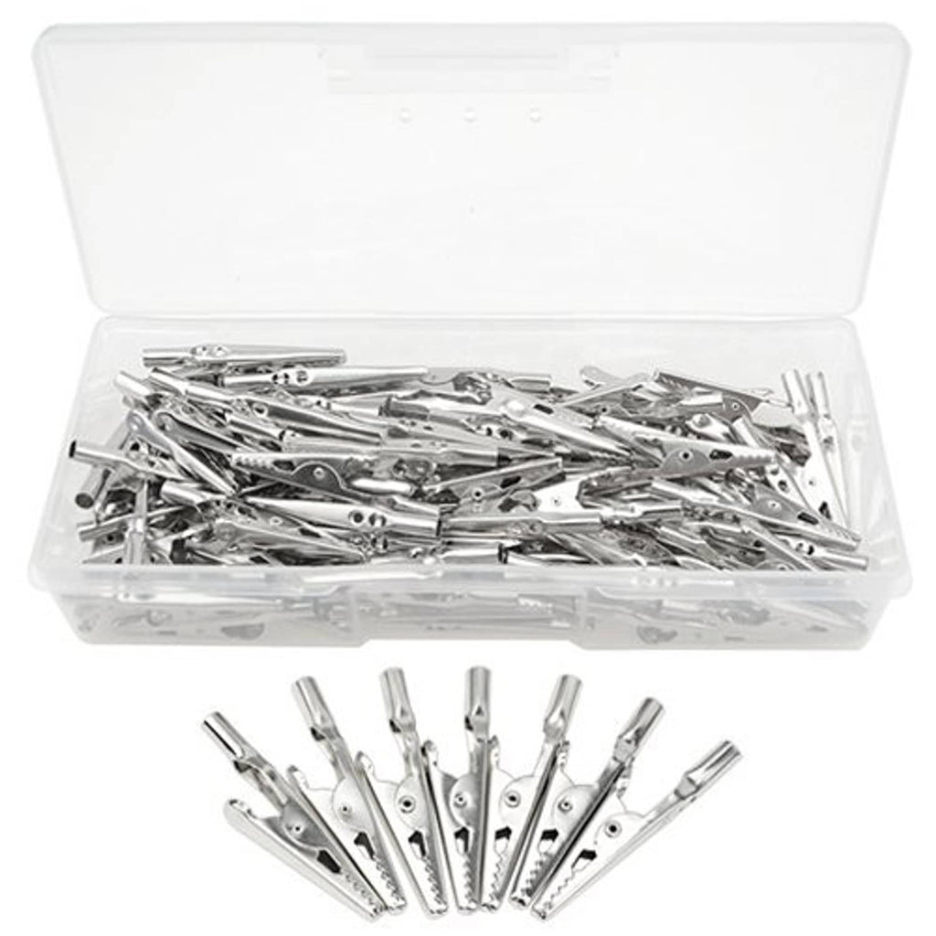 Plastic organizer with many silver metal alligator clips and loose clips