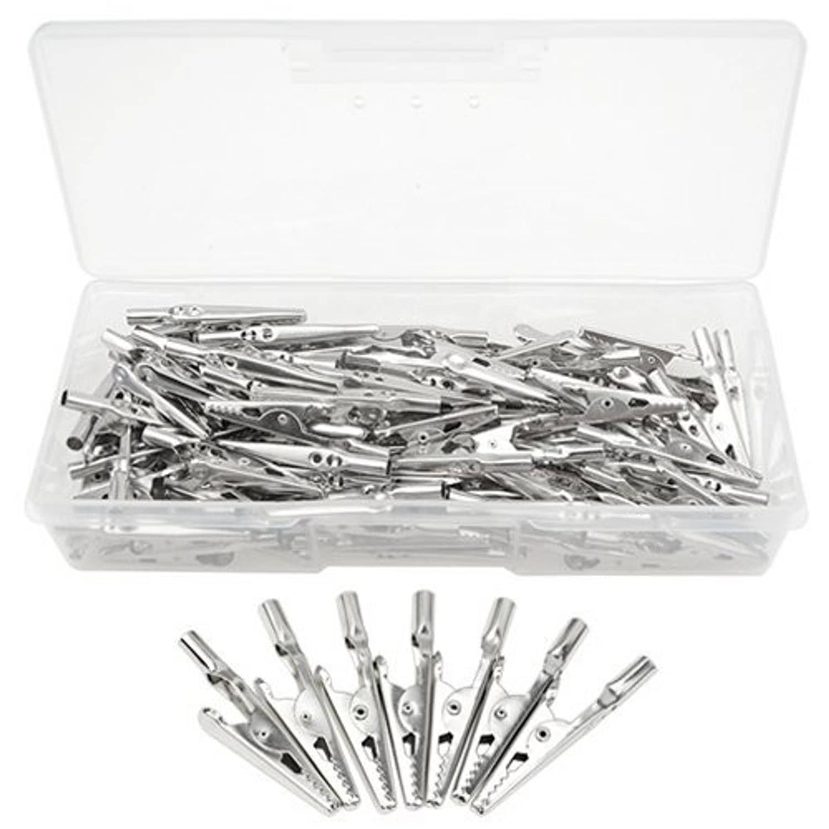 Plastic organizer with many silver metal alligator clips and loose clips