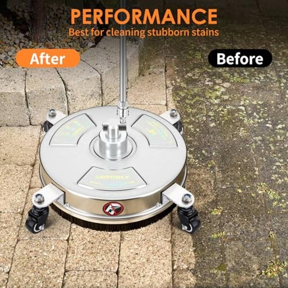 Rotating stainless steel surface cleaner on patio stones with four caster wheels