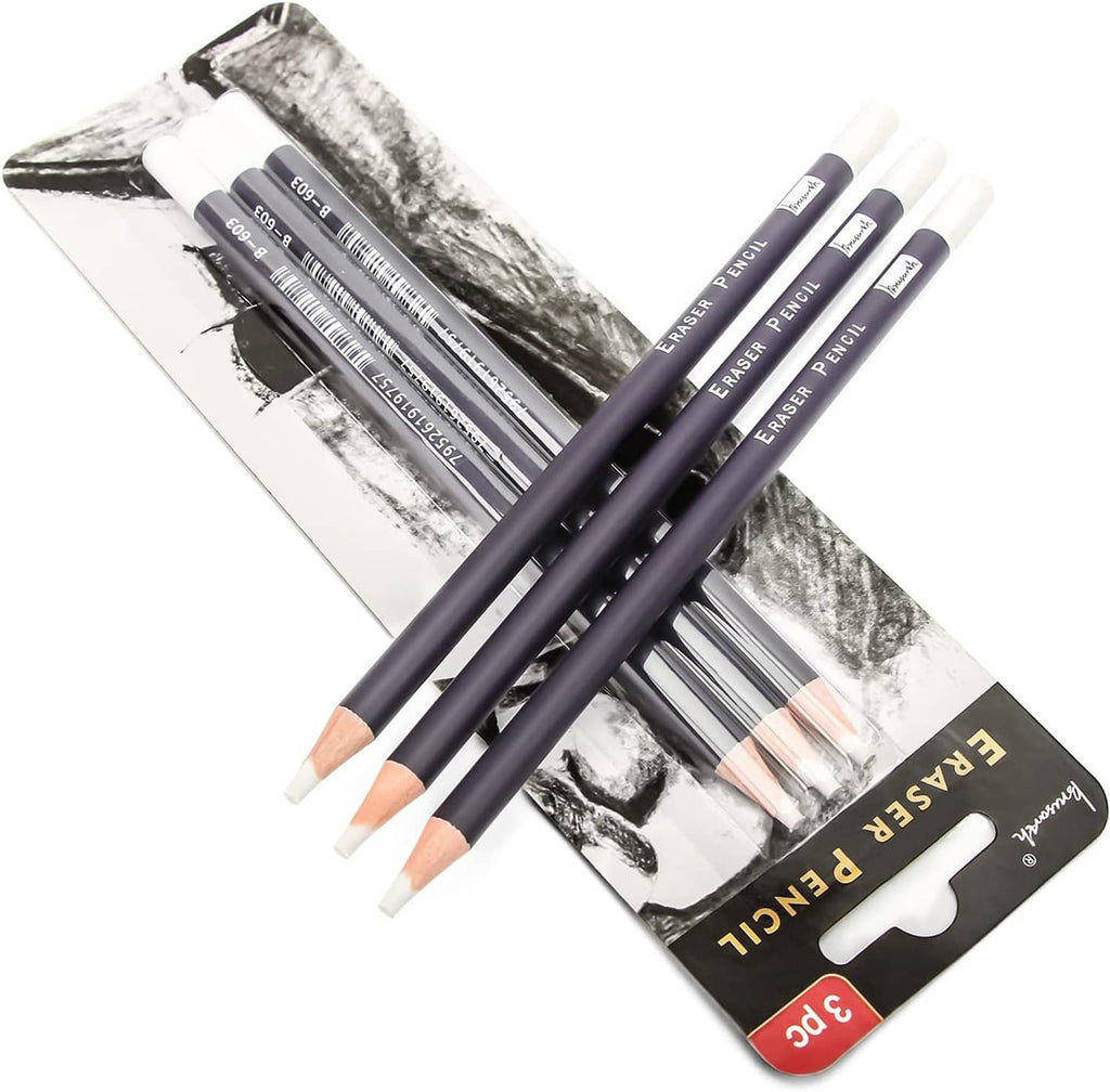 3-piece eraser pencil set with dark barrels, white tips, and sharpened graphite eraser cores