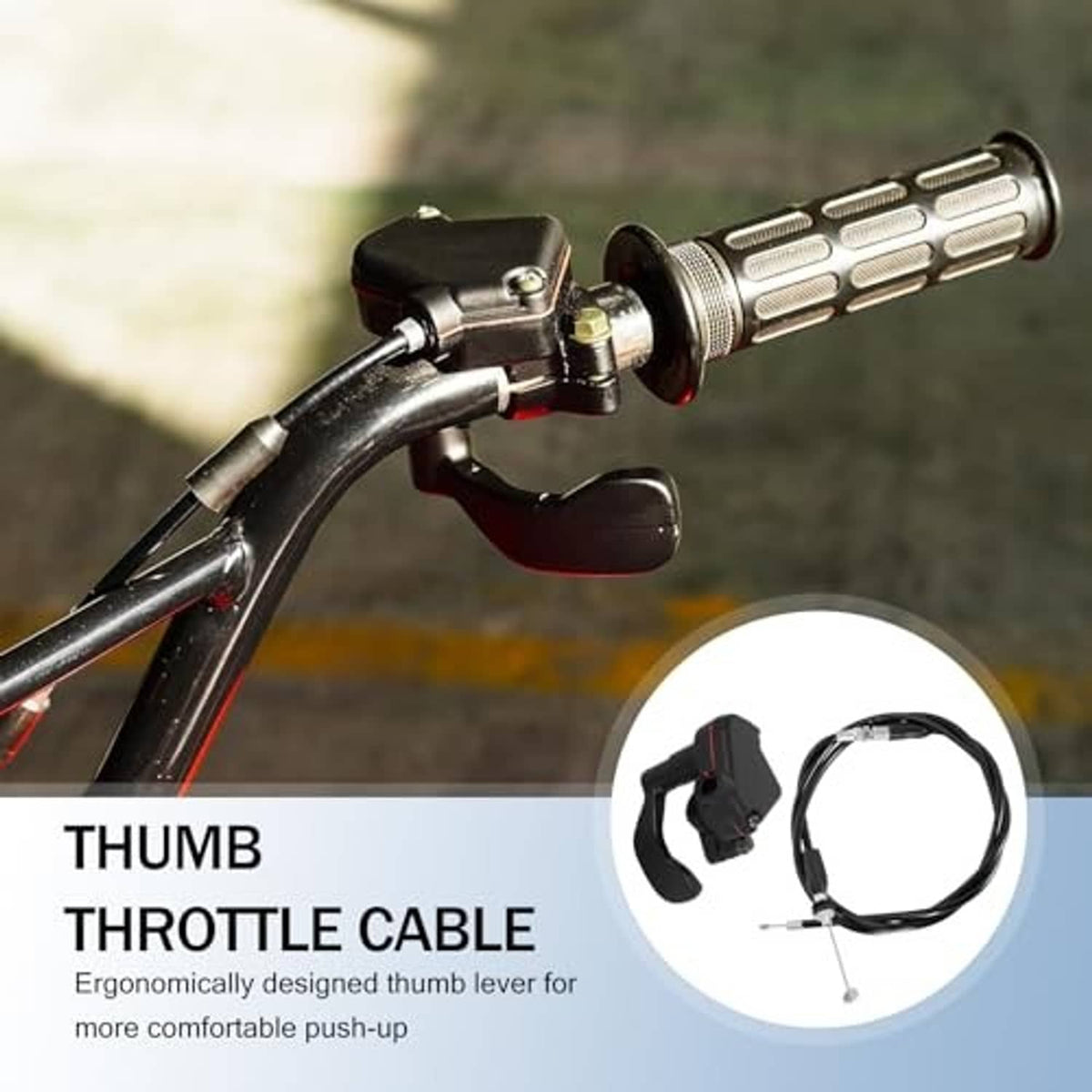 Thumb throttle lever mounted on motorcycle handlebar with metallic grip housing