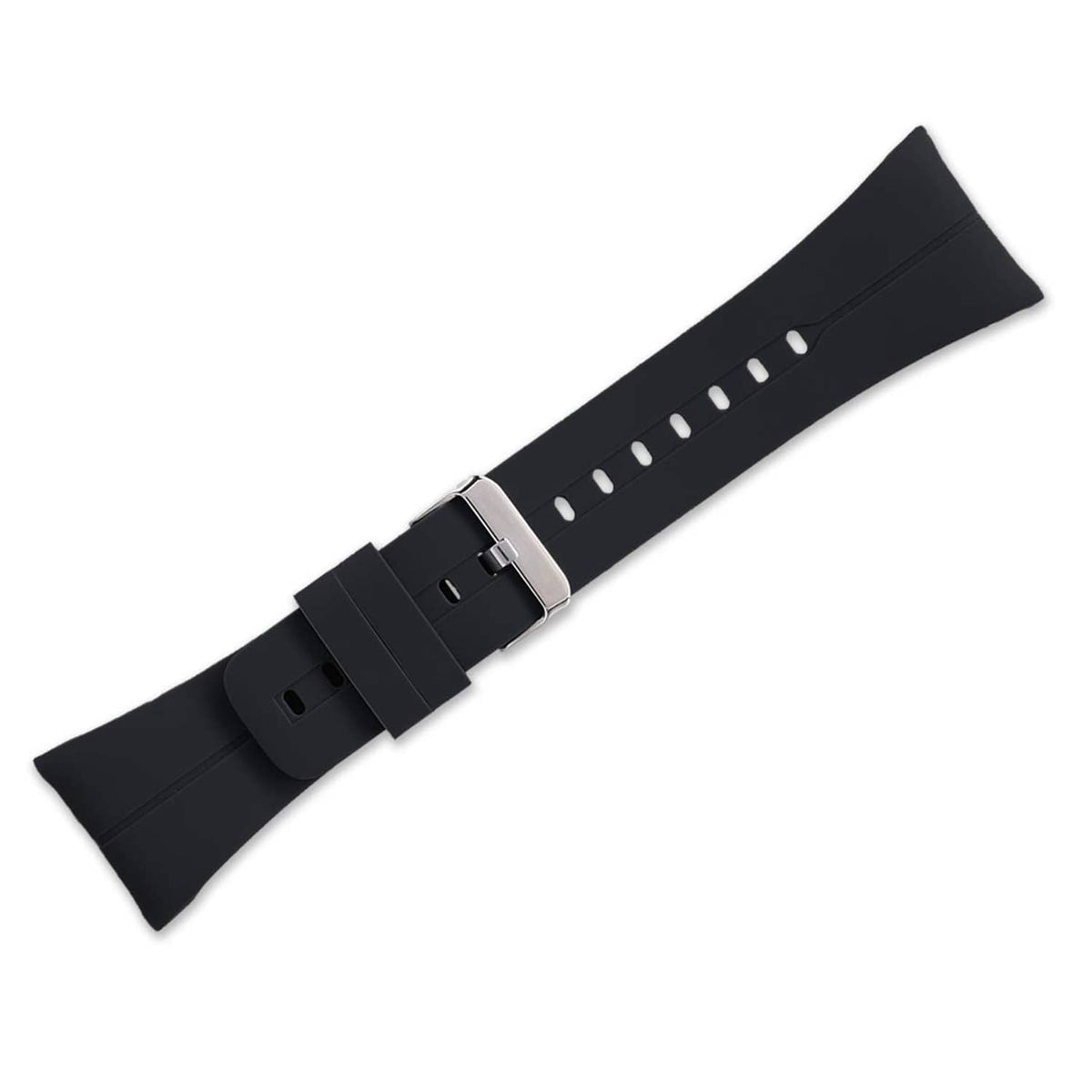 Black silicone watch band with metal buckle and multiple adjustment holes
