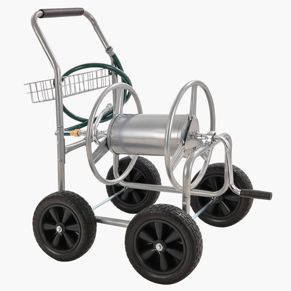 Hose reel cart with front drum, wheelbase, and basket attachment on black tires