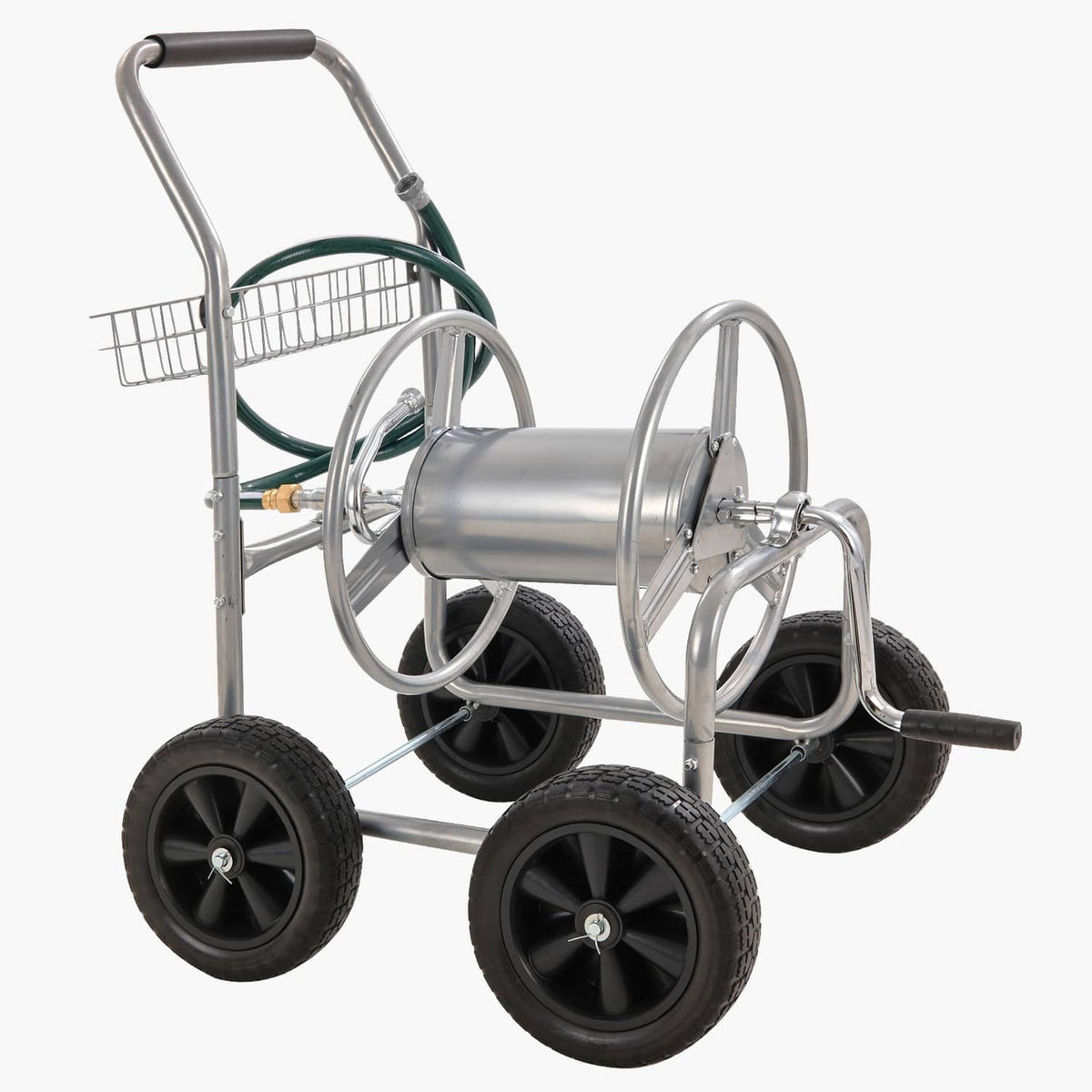 Hose reel cart with front drum, wheelbase, and basket attachment on black tires