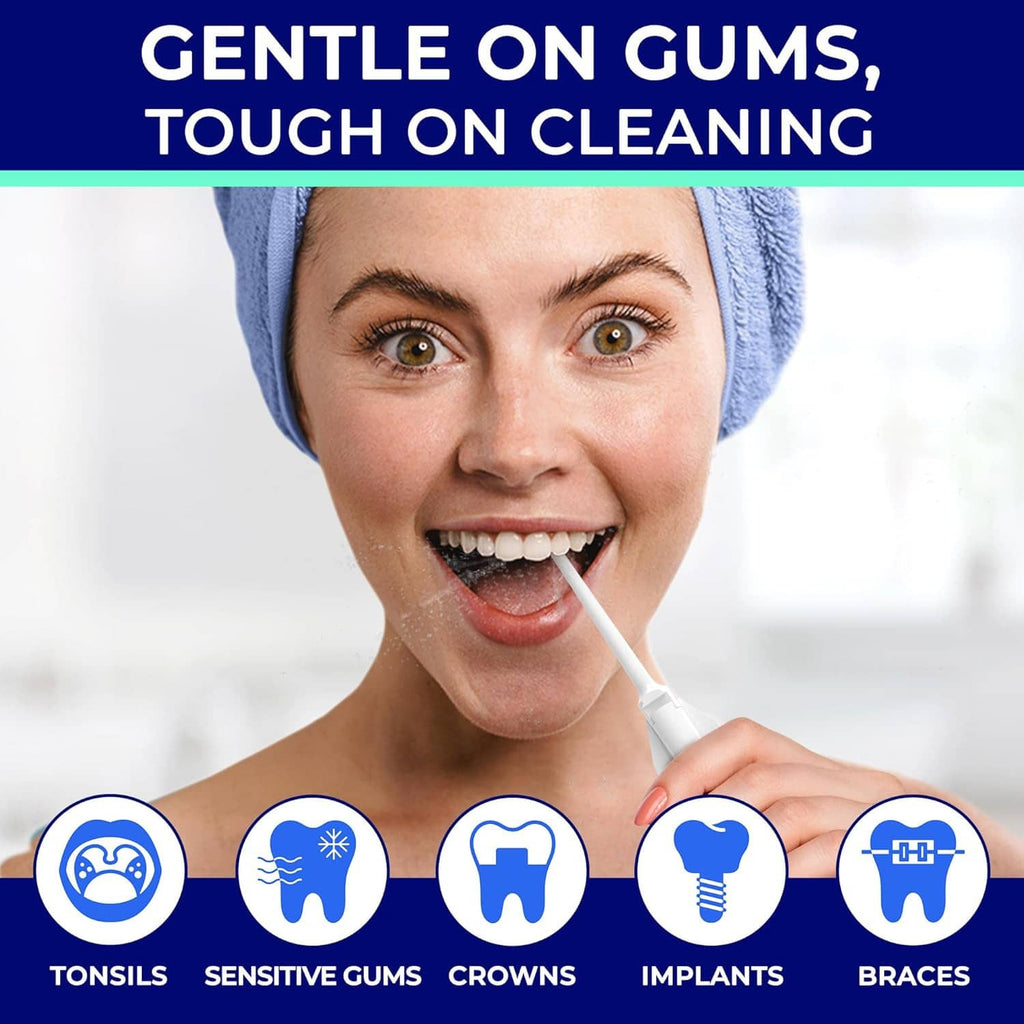 Handheld water flosser nozzle for gentle oral cleaning on gums and tonsils