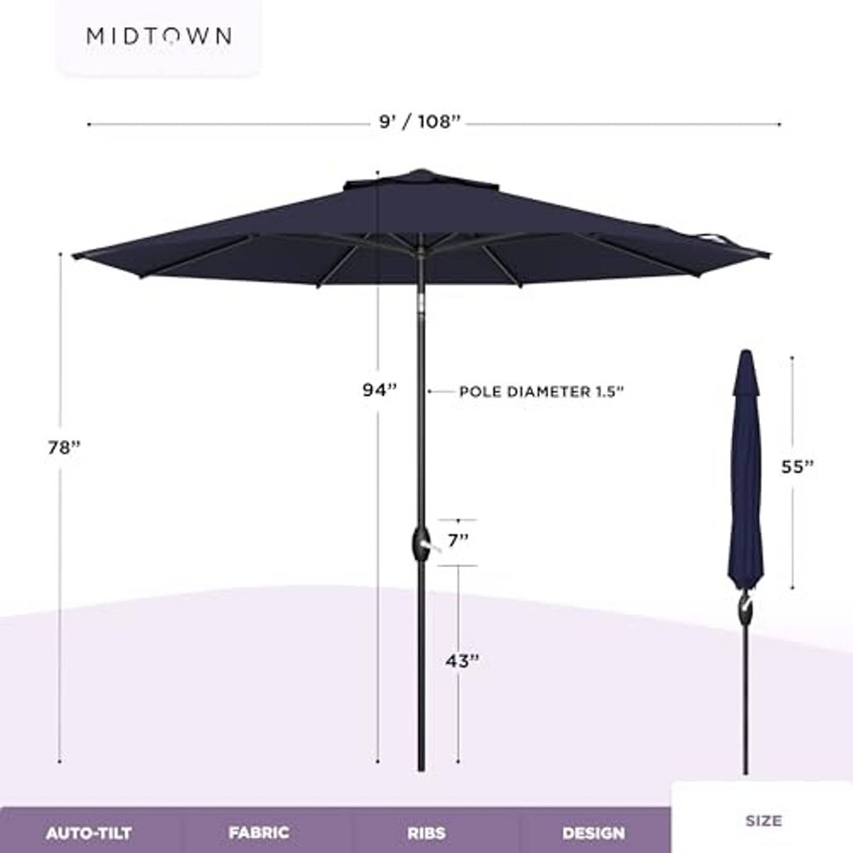 Navy patio umbrella size diagram showing 9 ft canopy and 94 in pole height