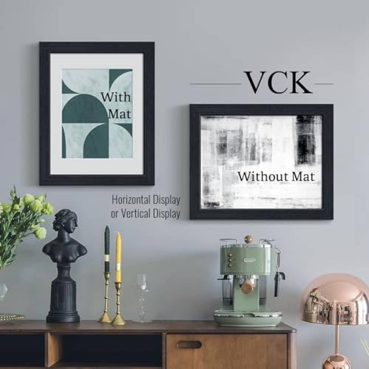 Black oak picture frame set with and without mat, real glass fronts, wall display.