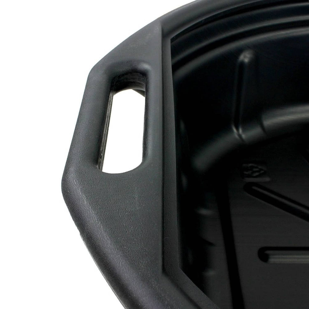 Molded black carry handle for oil drain pan with rectangular grip cutout