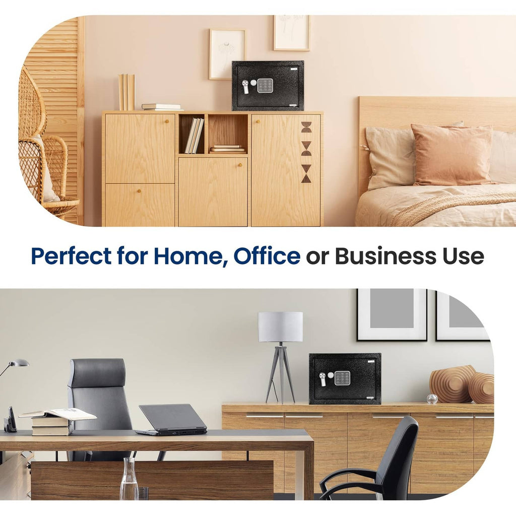 Black electronic safe box on office cabinet shelf with keypad and handle