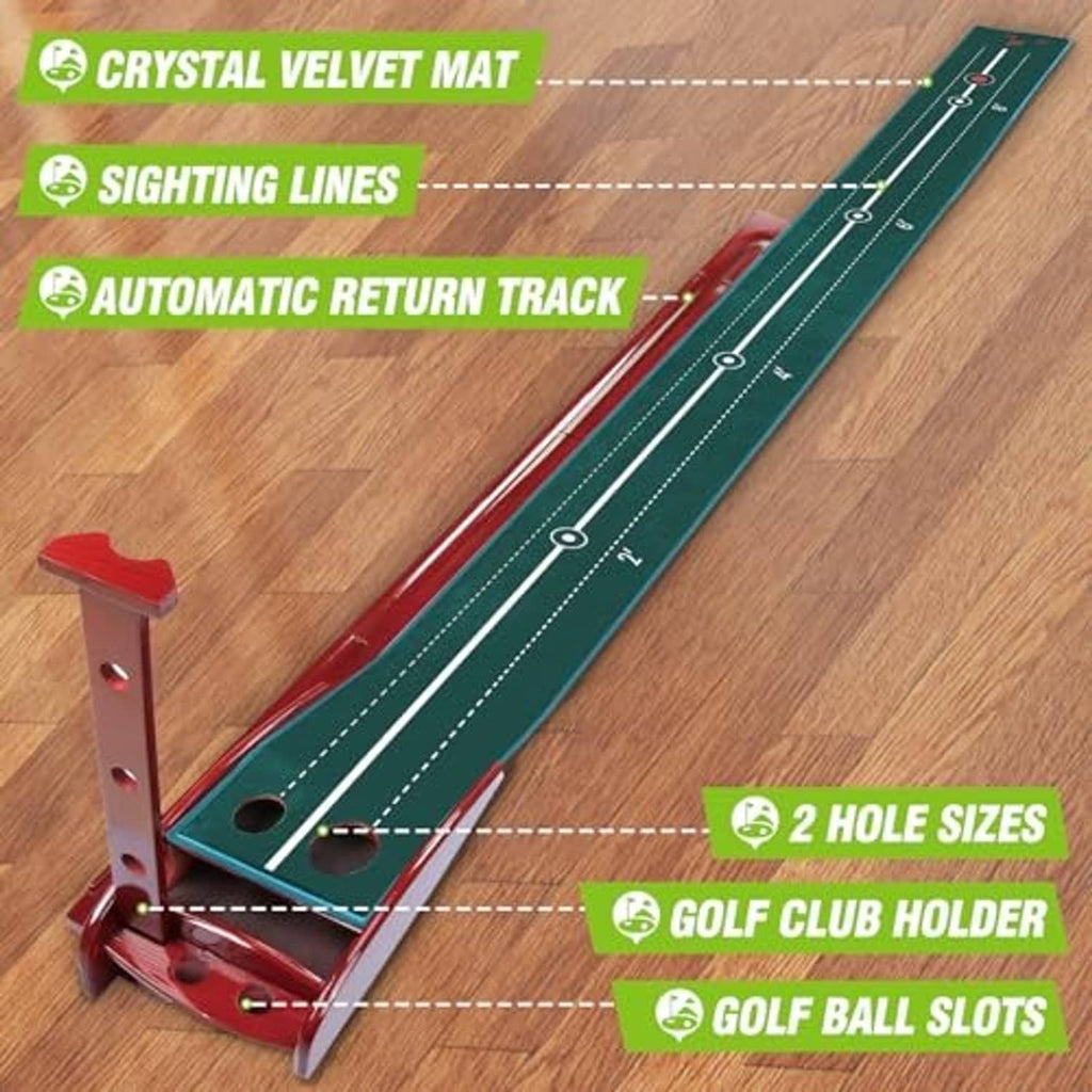 Green golf putting mat with red stand on wooden floor, ball slots visible