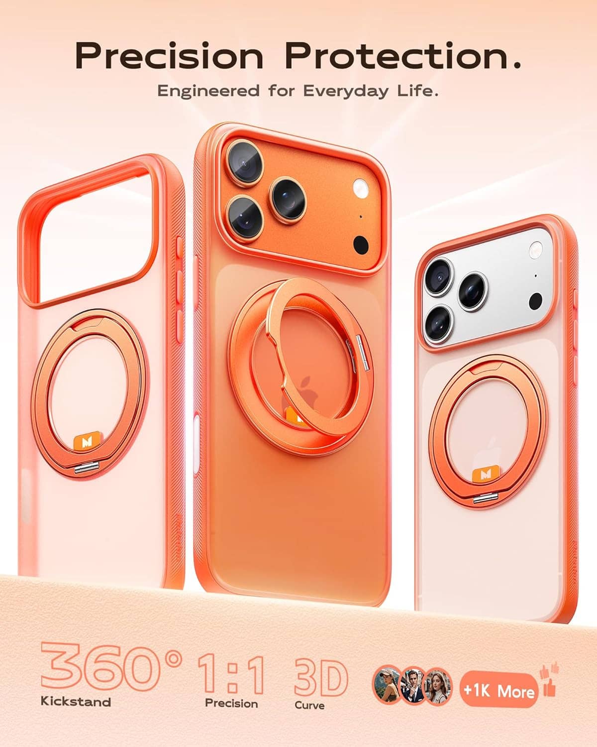 Orange iPhone 17 Pro Max case, MagSafe ring, 360 kickstand support design