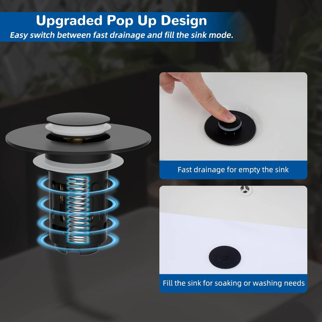 Matte black pop-up drain stopper showing fast-drain spring mechanism
