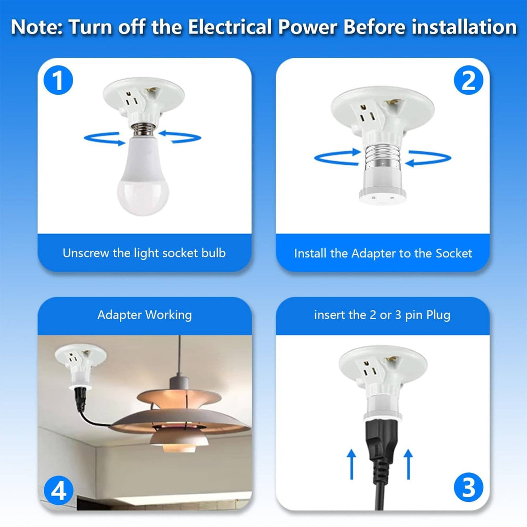 White light socket to plug adapter with bulb-socket installation and 2-prong plug