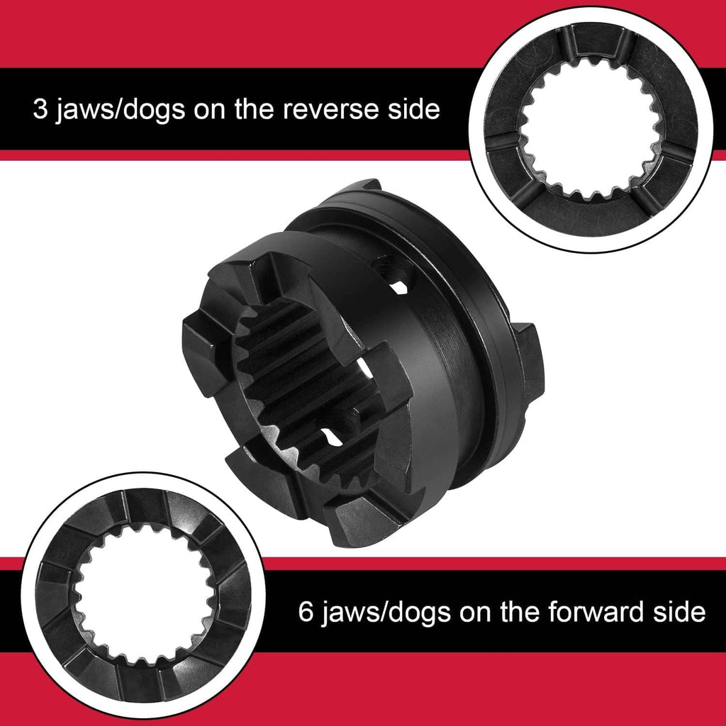 Black clutch dog gear with three reverse-side jaws and forward-side teeth profile