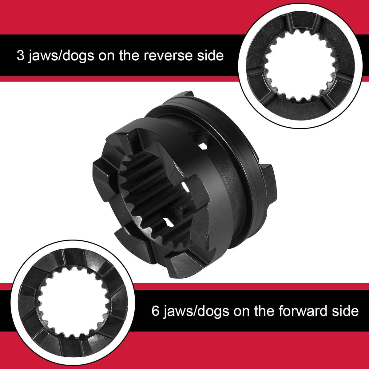 Black clutch dog gear with three reverse-side jaws and forward-side teeth profile