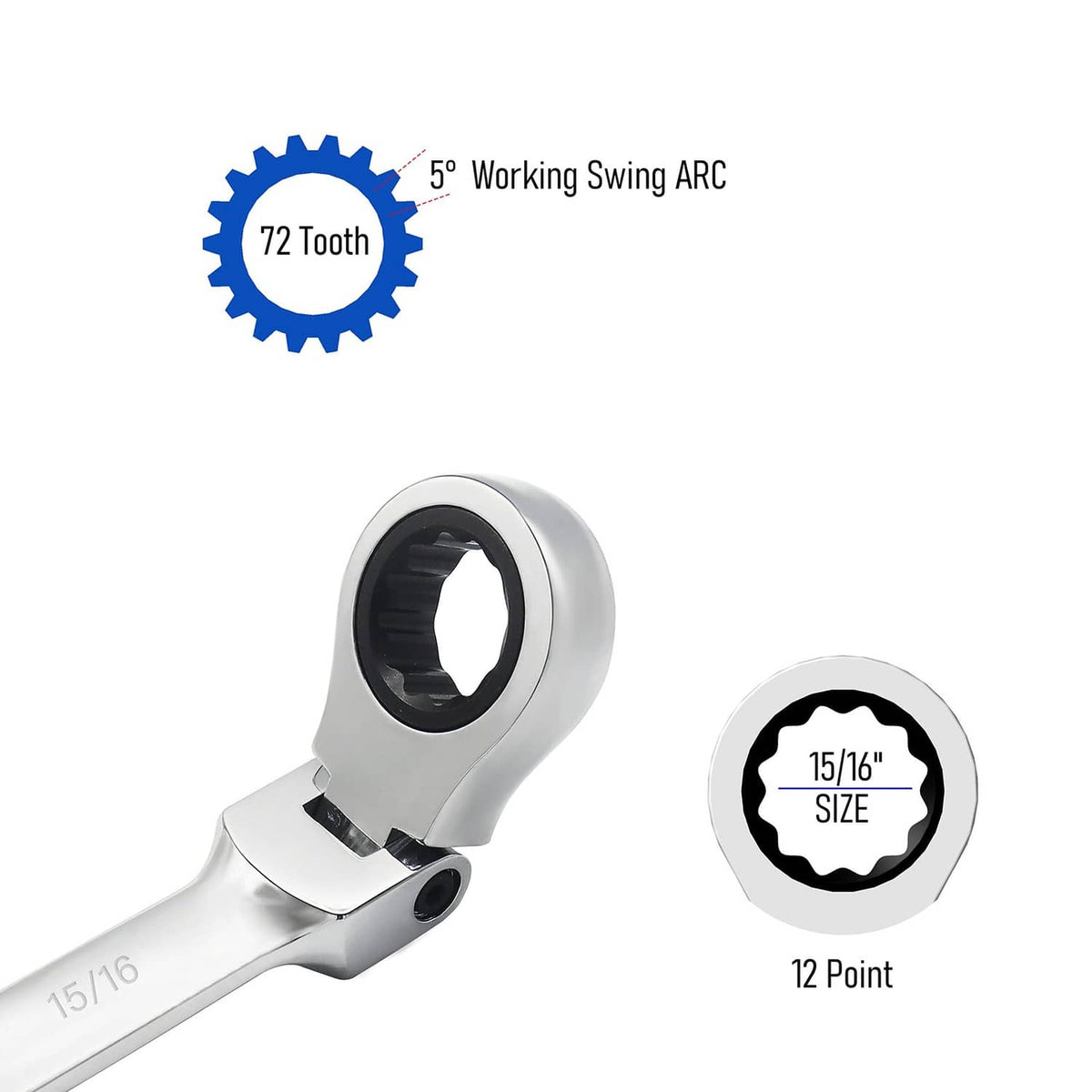 Ratcheting wrench with 72-tooth mechanism and 12-point box, 15/16 in, silver